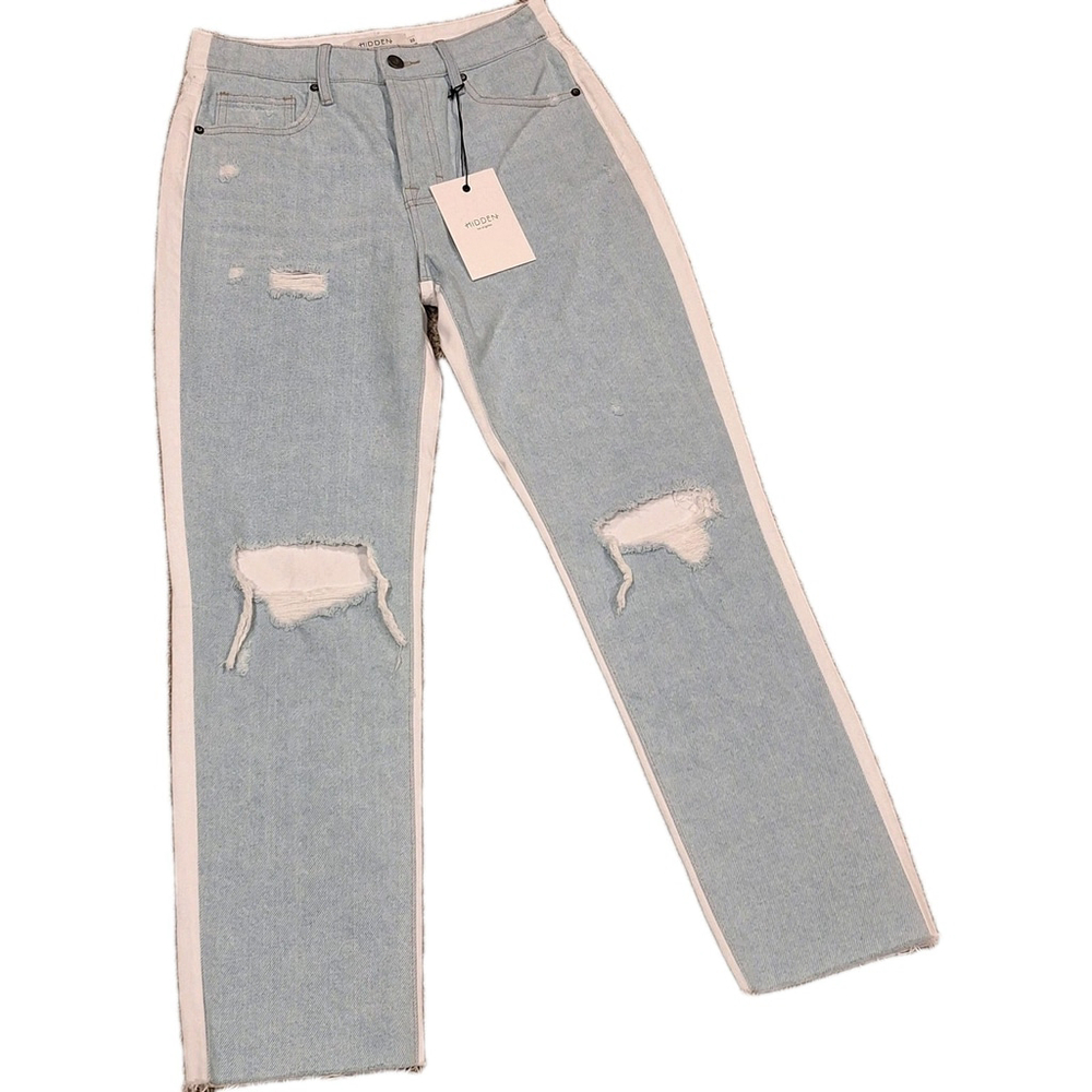 NWT Hidden Jeans Womens 25 Tracey High Rise Straight Crop Distressed Blue/White